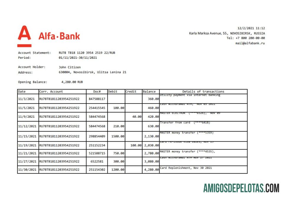 Extrato bancário Alfa realista da Rússia, modelo fácil de preencher em formato de arquivo .xls e .pdf